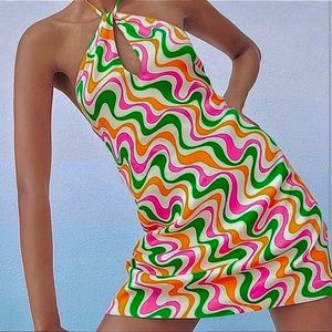 Zara satin mini halter dress in 70s style with pink green white and orange swirl